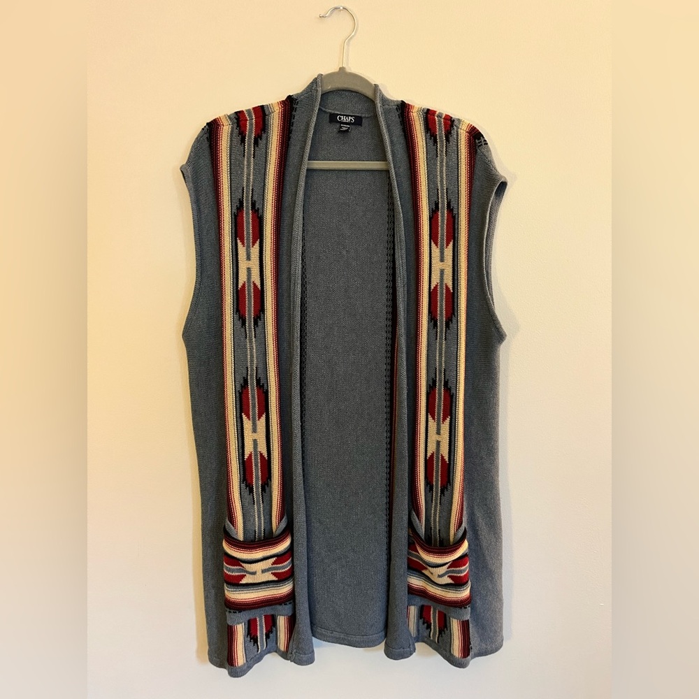 Chaps Gray and Red Cardigan Sweater with Geometric Patterns